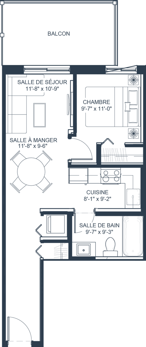 Floor plan for 1 bed, 1 bath, 623 sqft